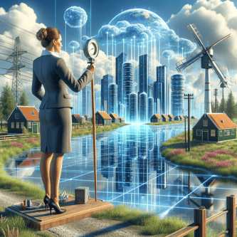 DALL·E 2023-11-28 12.00.43 - A digitally rendered image portraying a female chief information officer, dressed in professional business attire, in a symbolic landscape representin