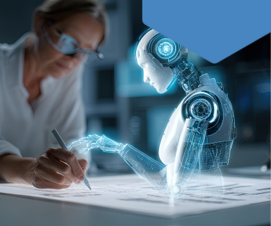 Mens en robot reiken elkaar de hand als symbool voor samenwerking tussen mens en technologie